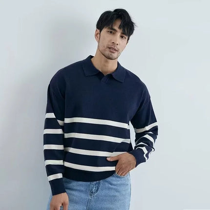 Men’s Striped Knit Polo Sweater | Casual Soft Pullover for Fall & Winter