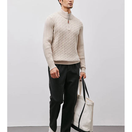 Men’s Gray Half-Zip Knitted Sweater | Cable Knit Pullover for Winter