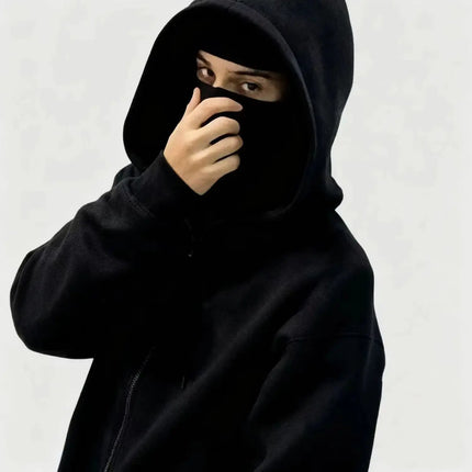 Unisex Balaclava Ninja Hoodie | Oversized Full Zip Streetwear Hoodie with Built-In Mask