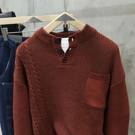 Men’s Half Button Knitted Sweater with Chest Pocket Warm Casual Winter Pullover