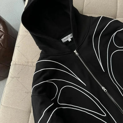 Men’s Black Streetwear Zip-Up Hoodie – Abstract White Line Graphic Hooded Jacket
