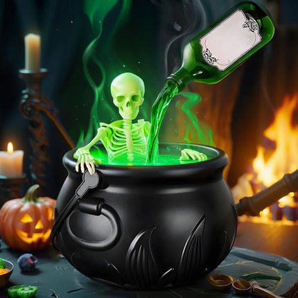 Halloween Smoking Witch Cauldron with Skeleton & Floating Potion Bottle, Green Fog Effect