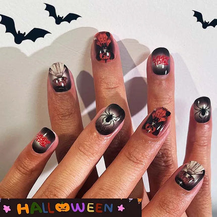 24Pcs Halloween Nails – Pumpkin Ghost Cartoon Fake Nails with Jelly Gel