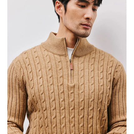 Men’s Gray Half-Zip Knitted Sweater | Cable Knit Pullover for Winter