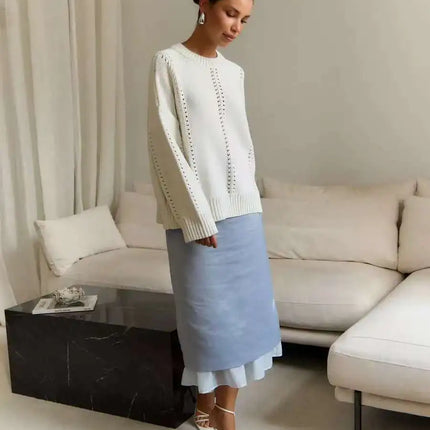Chic Knit Sweater with White Collar Layered Look | Trendy Pleated Skirt Outfit