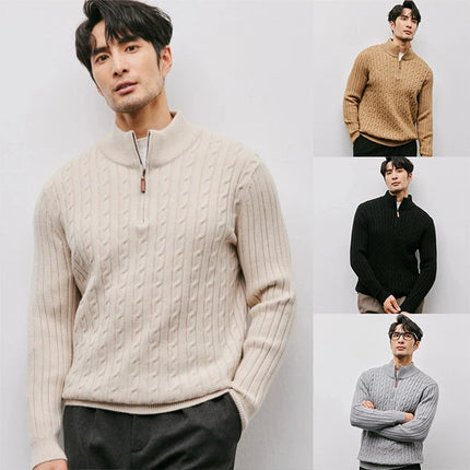 Men’s Gray Half-Zip Knitted Sweater | Cable Knit Pullover for Winter