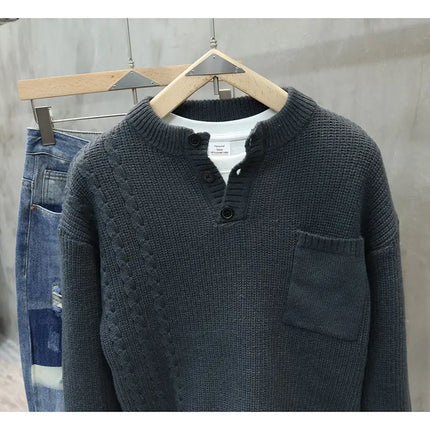 Men’s Half Button Knitted Sweater with Chest Pocket Warm Casual Winter Pullover