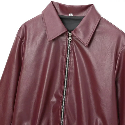 Women's Burgundy Faux Leather Zip Jacket | Minimalist PU Bomber Style