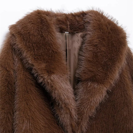 Women’s Brown Faux Fur Jacket Warm Plush Winter Coat