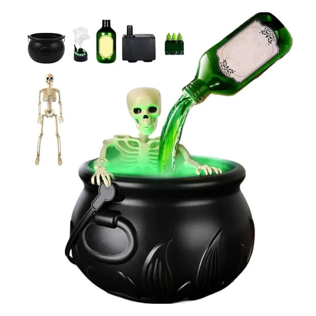 Halloween Smoking Witch Cauldron with Skeleton & Floating Potion Bottle, Green Fog Effect