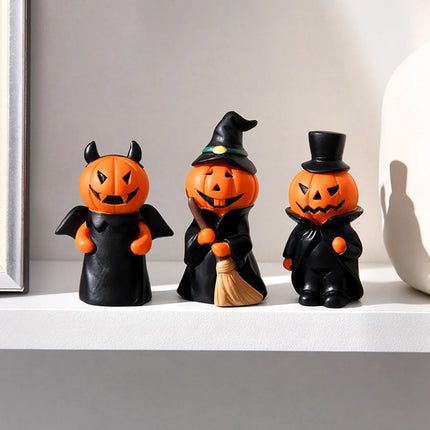 Halloween Pumpkin Figurines Set – 3pcs Cute Devil, Witch & Vampire Decorations