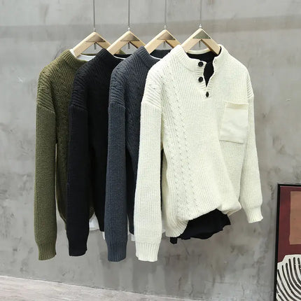 Men’s Half Button Knitted Sweater with Chest Pocket Warm Casual Winter Pullover