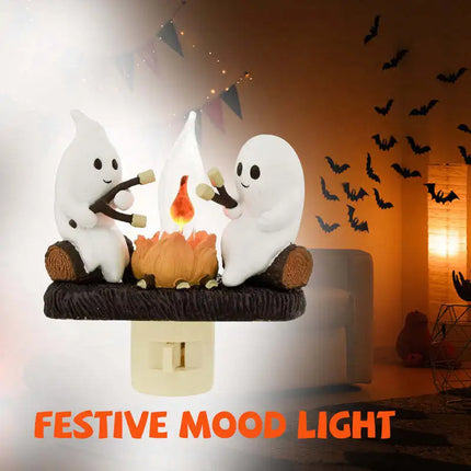 Halloween Ghost Night Light Plug In Cute Ghosts Sitting Around Campfire LED Night Lamp