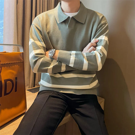 Men’s Striped Knit Polo Sweater | Casual Soft Pullover for Fall & Winter
