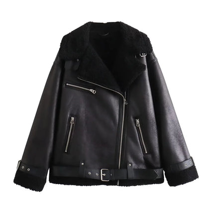 Women’s Faux Leather Shearling Jacket Warm Winter Biker Coat with Belt