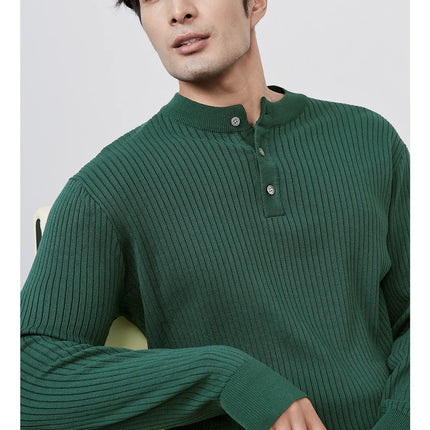 Men’s Ribbed Knit Henley Sweater – Casual Pullover for Fall & Winter