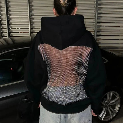Women’s Rhinestone Mesh Back Hoodie – Sparkly Streetwear Oversized Pullover