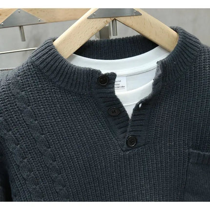 Men’s Half Button Knitted Sweater with Chest Pocket Warm Casual Winter Pullover