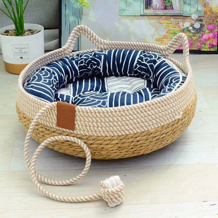 Handwoven Rattan Cat & small dogs Bed with Soft Cushion – Cozy, Durable & Washable