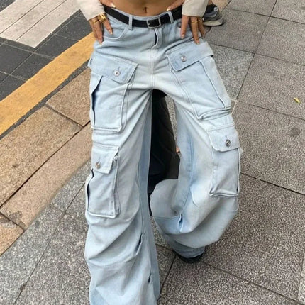 Women’s Light Blue Baggy Cargo| Streetwear Wide Leg Denim Pants