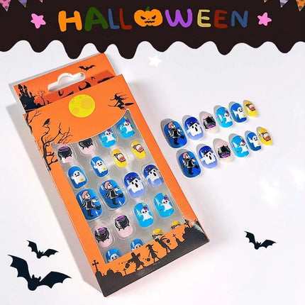 24Pcs Halloween Nails – Pumpkin Ghost Cartoon Fake Nails with Jelly Gel