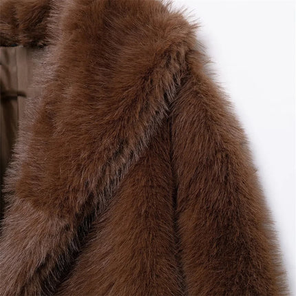 Women’s Brown Faux Fur Jacket Warm Plush Winter Coat