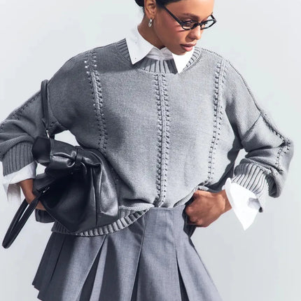 Chic Knit Sweater with White Collar Layered Look | Trendy Pleated Skirt Outfit