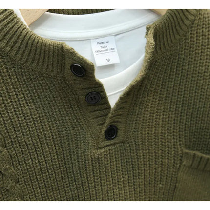 Men’s Half Button Knitted Sweater with Chest Pocket Warm Casual Winter Pullover