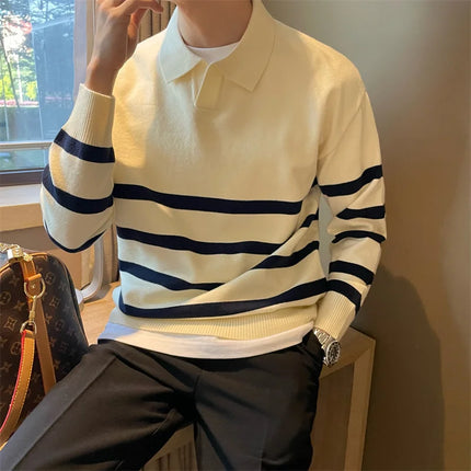 Men’s Striped Knit Polo Sweater | Casual Soft Pullover for Fall & Winter