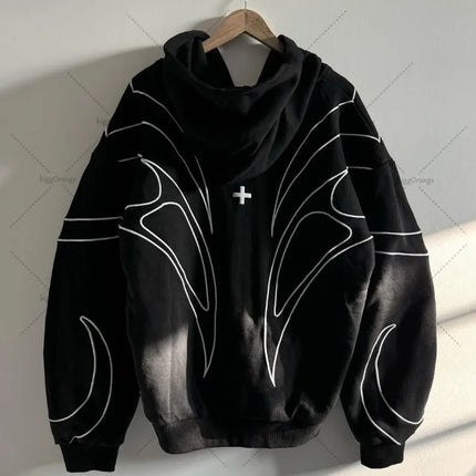 Men’s Black Streetwear Zip-Up Hoodie – Abstract White Line Graphic Hooded Jacket
