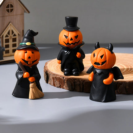 Halloween Pumpkin Figurines Set – 3pcs Cute Devil, Witch & Vampire Decorations
