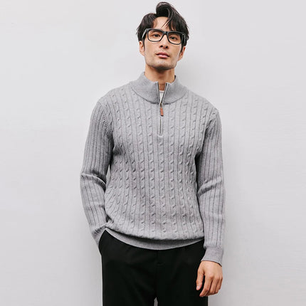 Men’s Gray Half-Zip Knitted Sweater | Cable Knit Pullover for Winter