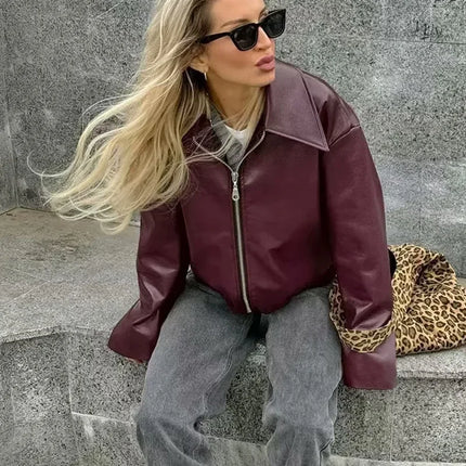 Women's Burgundy Faux Leather Zip Jacket | Minimalist PU Bomber Style