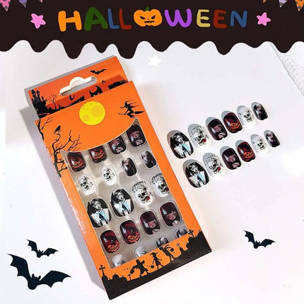 24Pcs Halloween Nails – Pumpkin Ghost Cartoon Fake Nails with Jelly Gel