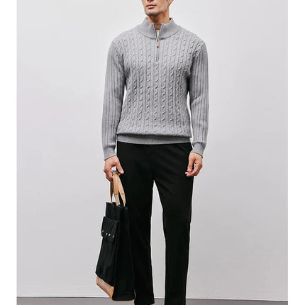 Men’s Gray Half-Zip Knitted Sweater | Cable Knit Pullover for Winter