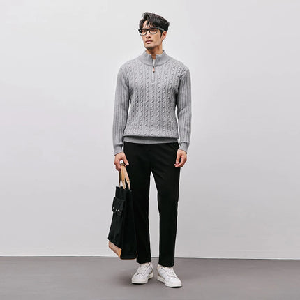 Men’s Gray Half-Zip Knitted Sweater | Cable Knit Pullover for Winter