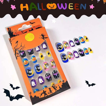 24Pcs Halloween Nails – Pumpkin Ghost Cartoon Fake Nails with Jelly Gel