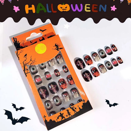 24Pcs Halloween Nails – Pumpkin Ghost Cartoon Fake Nails with Jelly Gel