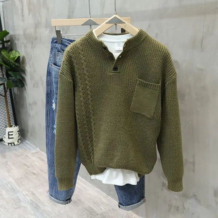 Men’s Half Button Knitted Sweater with Chest Pocket Warm Casual Winter Pullover