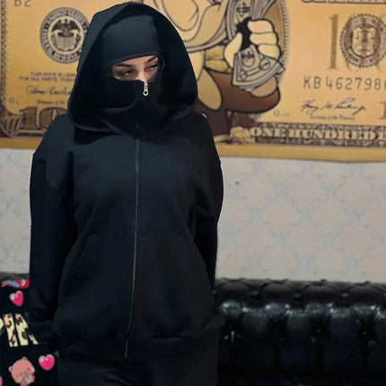 Unisex Balaclava Ninja Hoodie | Oversized Full Zip Streetwear Hoodie with Built-In Mask