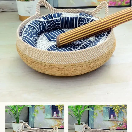Handwoven Rattan Cat & small dogs Bed with Soft Cushion – Cozy, Durable & Washable