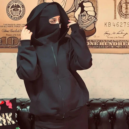 Unisex Balaclava Ninja Hoodie | Oversized Full Zip Streetwear Hoodie with Built-In Mask