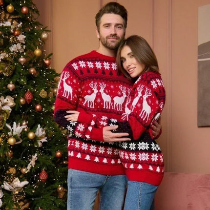 Matching Couple Christmas Reindeer Knitted Sweater Set Festive Holiday Pullover