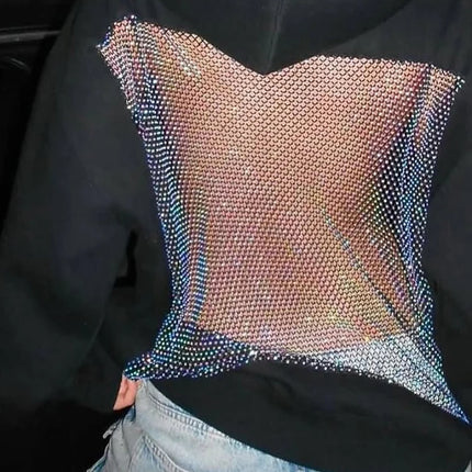 Women’s Rhinestone Mesh Back Hoodie – Sparkly Streetwear Oversized Pullover