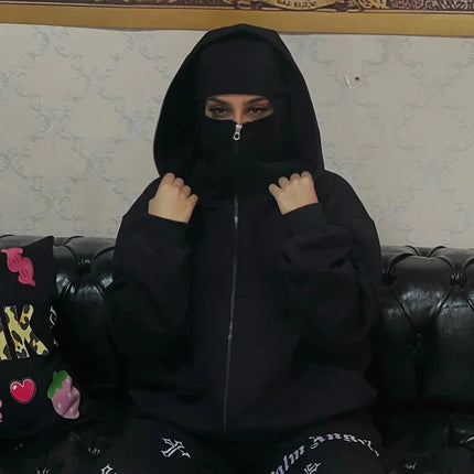 Unisex Balaclava Ninja Hoodie | Oversized Full Zip Streetwear Hoodie with Built-In Mask