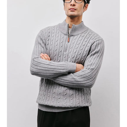 Men’s Gray Half-Zip Knitted Sweater | Cable Knit Pullover for Winter