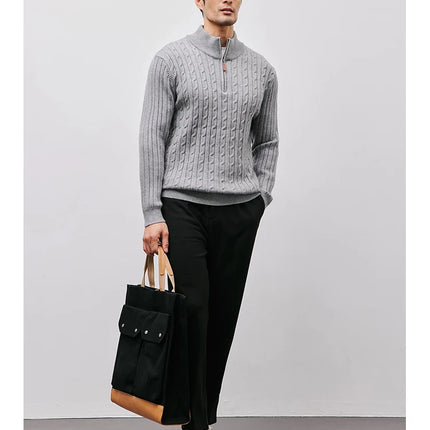 Men’s Gray Half-Zip Knitted Sweater | Cable Knit Pullover for Winter