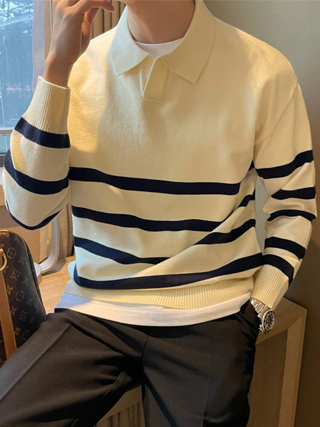 Men’s Striped Knit Polo Sweater | Casual Soft Pullover for Fall & Winter
