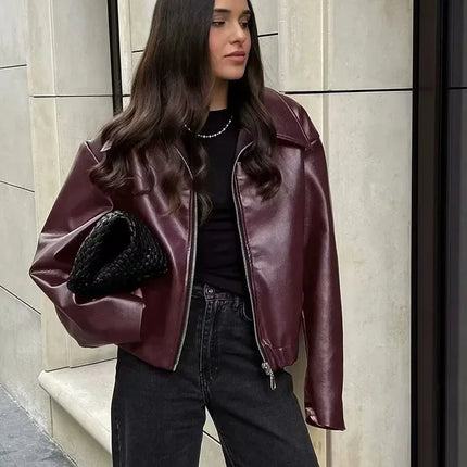 Women's Burgundy Faux Leather Zip Jacket | Minimalist PU Bomber Style