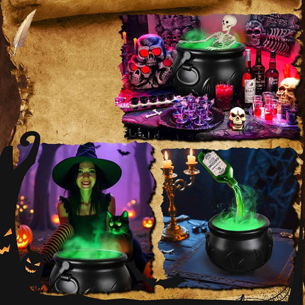 Halloween Smoking Witch Cauldron with Skeleton & Floating Potion Bottle, Green Fog Effect